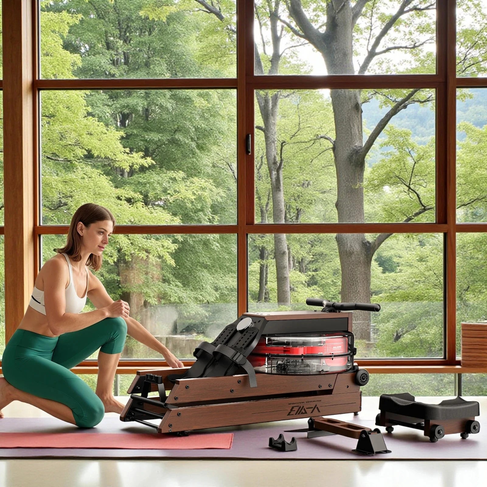 fitnessathome Rameur à eau en bois pliable – Entraînement complet, silencieux et connecté Rameur à eau en bois pliable 