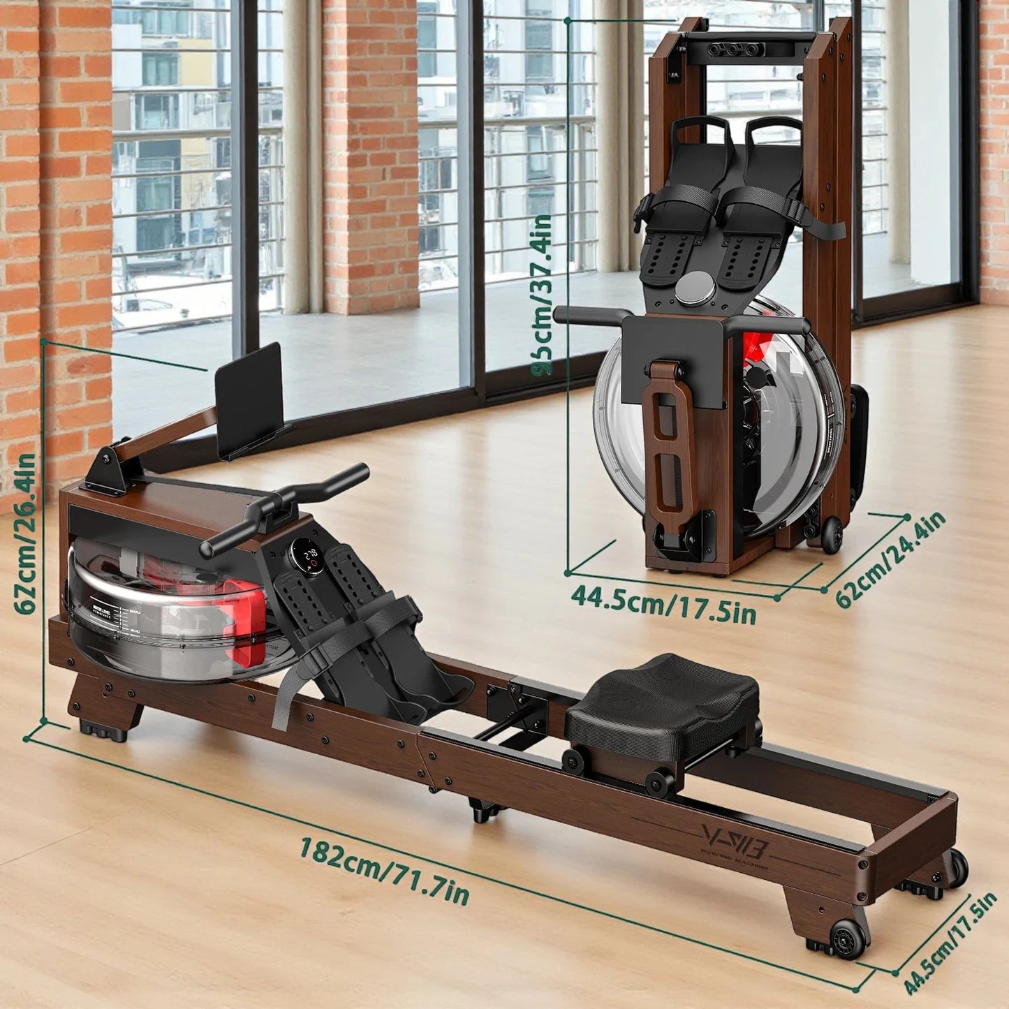 fitnessathome Rameur à eau en bois pliable – Entraînement complet, silencieux et connecté Rameur à eau en bois pliable 