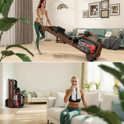 fitnessathome Rameur à eau en bois pliable – Entraînement complet, silencieux et connecté Rameur à eau en bois pliable 