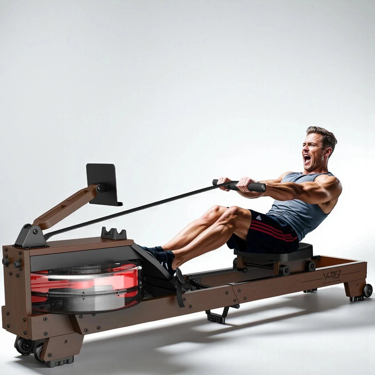 fitnessathome Rameur à eau en bois pliable – Entraînement complet, silencieux et connecté Rameur à eau en bois pliable 