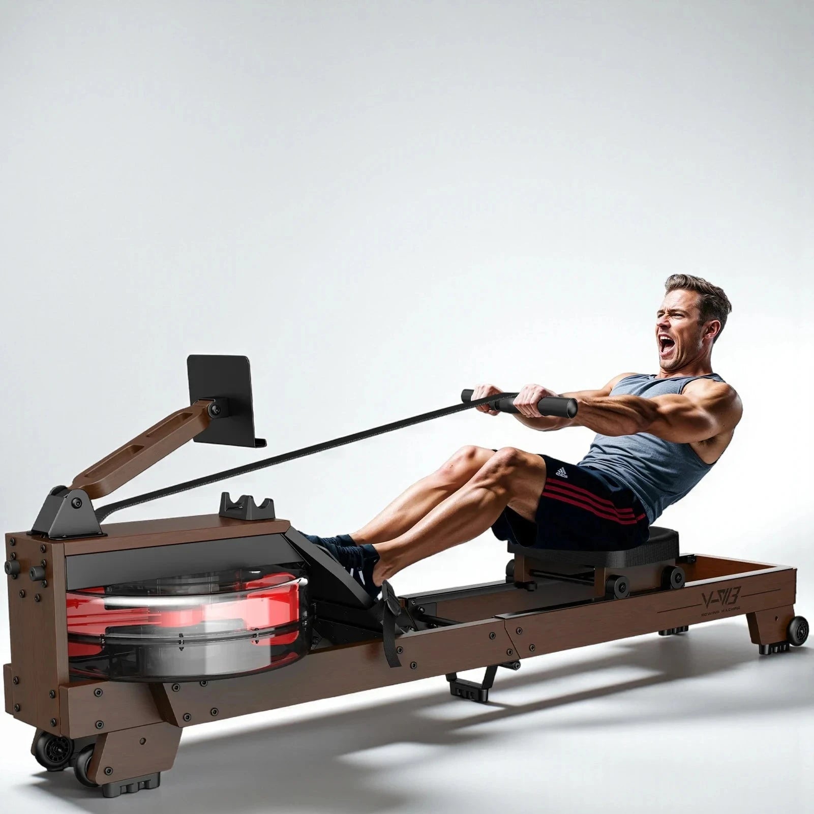 fitnessathome Rameur à eau en bois pliable – Entraînement complet, silencieux et connecté Rameur à eau en bois pliable 