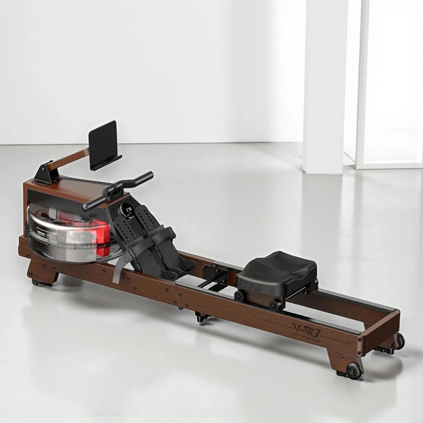 fitnessathome Rameur à eau en bois pliable – Entraînement complet, silencieux et connecté Rameur à eau en bois pliable 