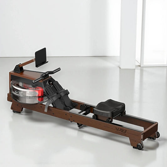 fitnessathome Rameur à eau en bois pliable – Entraînement complet, silencieux et connecté Rameur à eau en bois pliable 